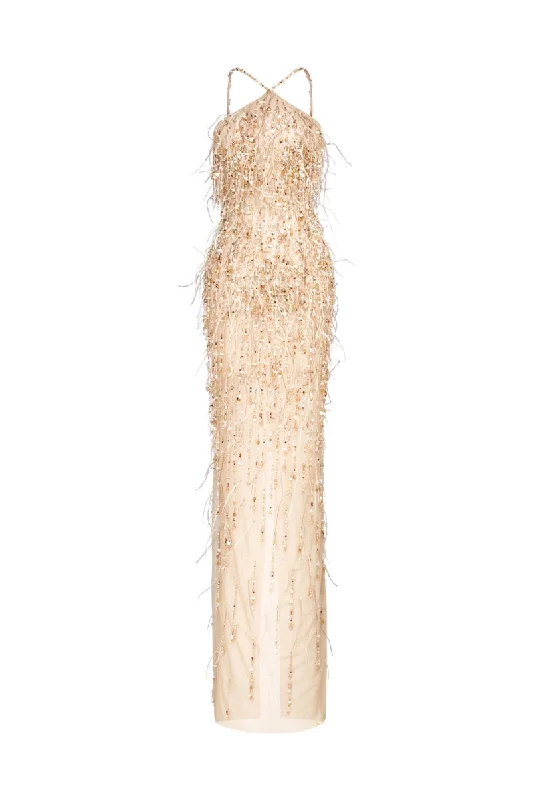 FEATHER & CRYSTAL-FRINGE EMBROIDERED HALTER DRESS