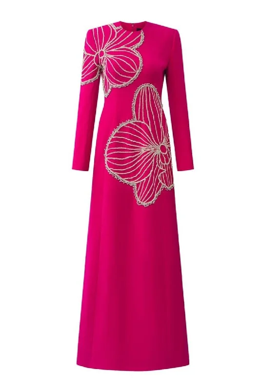 FUCHSIA PINK ROUND NECK CRYSTAL EMBELLISHED DRESS