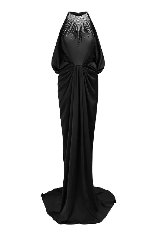 GLOWY BLACK DRAPED BEADED HALTERNECK GOWN