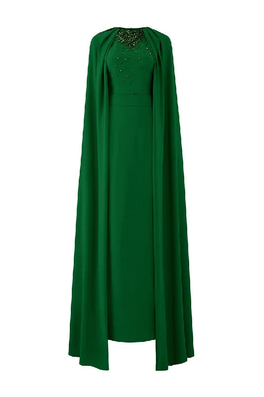 GREEN COLLAR PLEATED CAPE DRESS