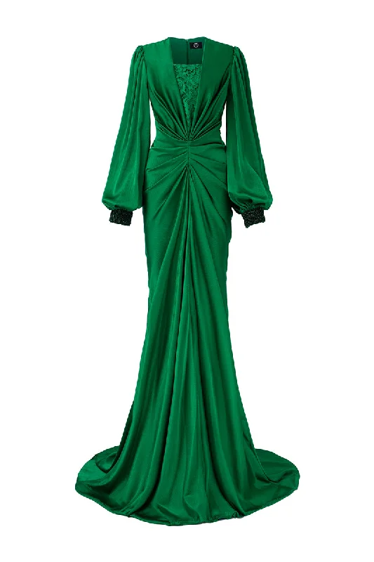 GREEN PLUNGE NECKLINE BOUFFANT SLEEVES SILK GOWN