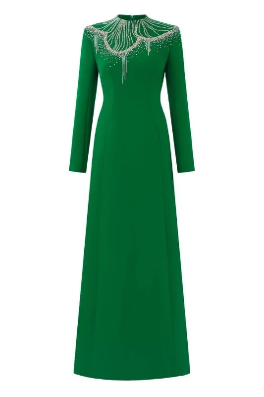 GREEN ROUND CRYSTAL EMBELLISHED GOWN