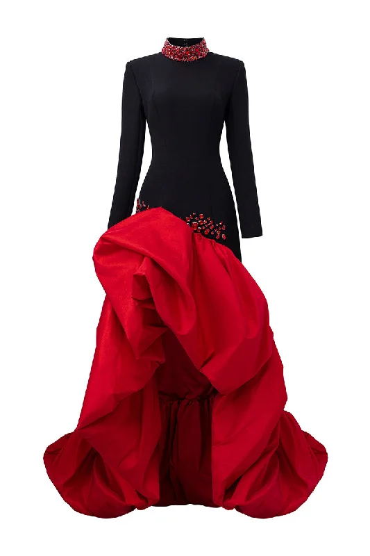 HIGH NECKLINE GOWN WITH DRAPED TAFFETA HEM