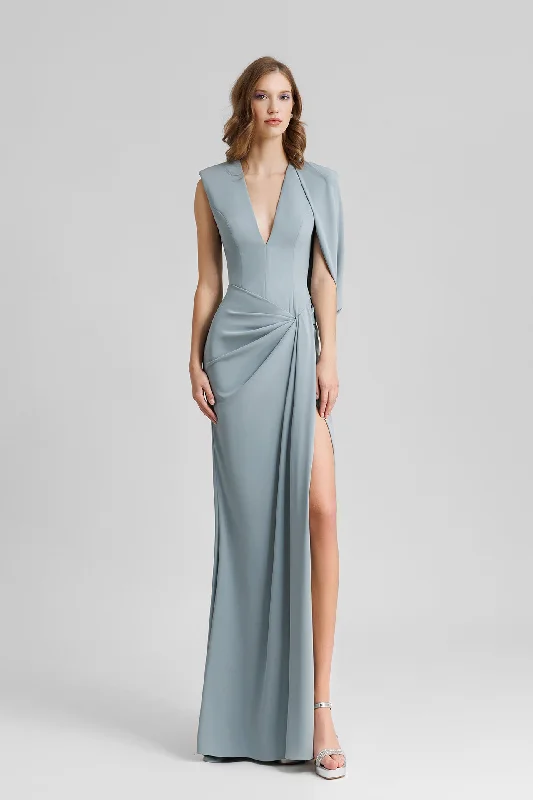 High slit crepe dress with pleats