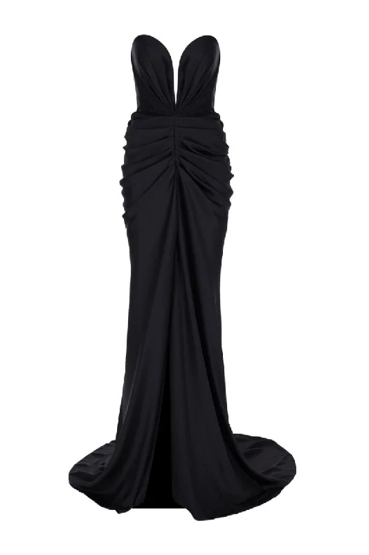 HOLA BLACK PLUNGING SATIN GOWN