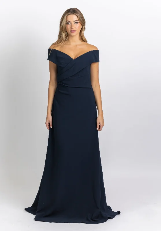 Jovani 06746 Navy Crepe Off the Shoulder Evening Gown