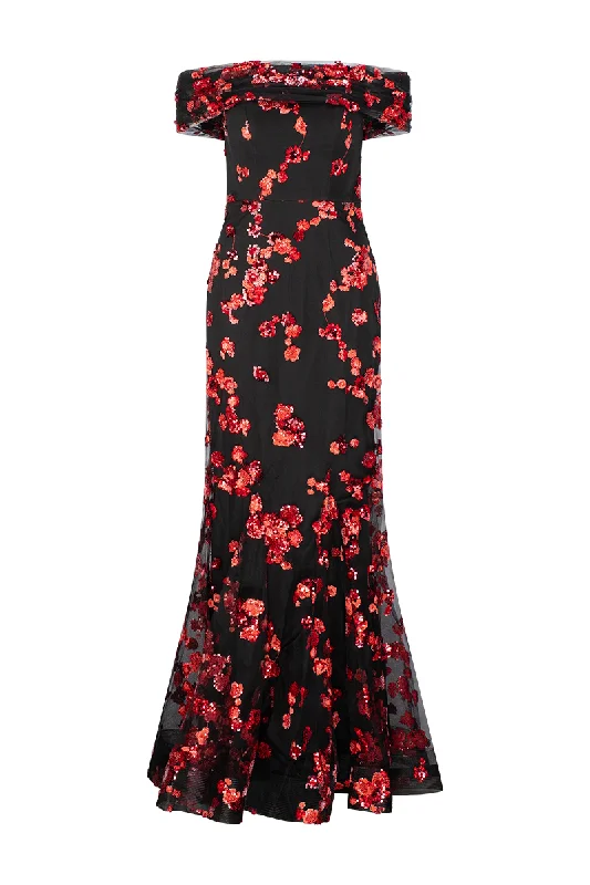 LORENZA BLACK AND RED OFF-SHOULDER FISHTAIL GOWN