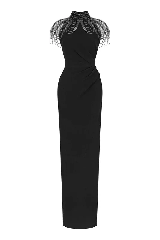 LOUSIA BLACK HIGH-NECK DRAPED GOWN