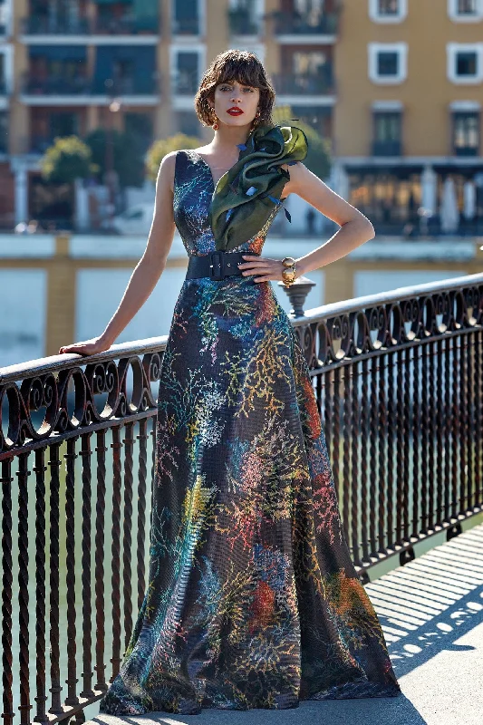 Metallic gazar dress adorned with feathers