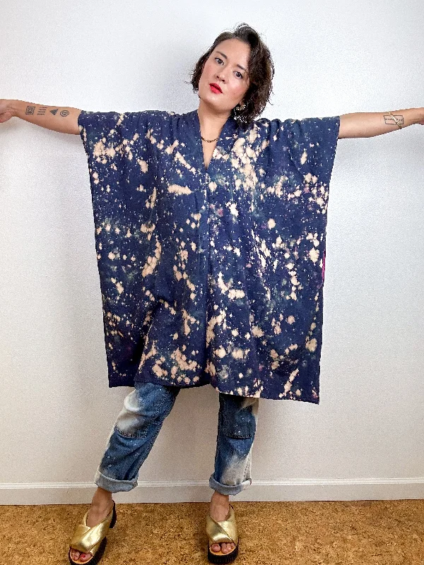 Oversized Hand-Dyed Linen Blend Smock Dress Indigo Bleach Speckle