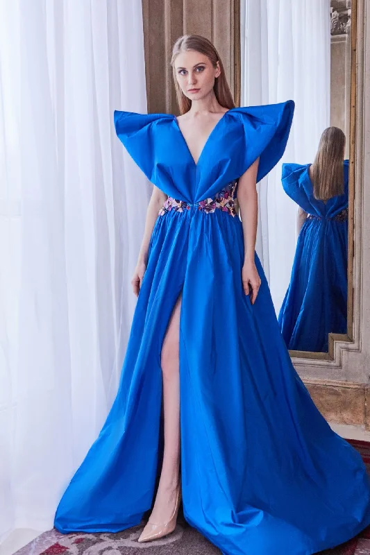 Oversized sleeves embellished waistline taffeta dress