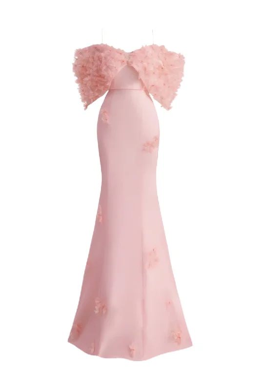 PINK FLOWER APPLIQUE ORGANZA GOWN