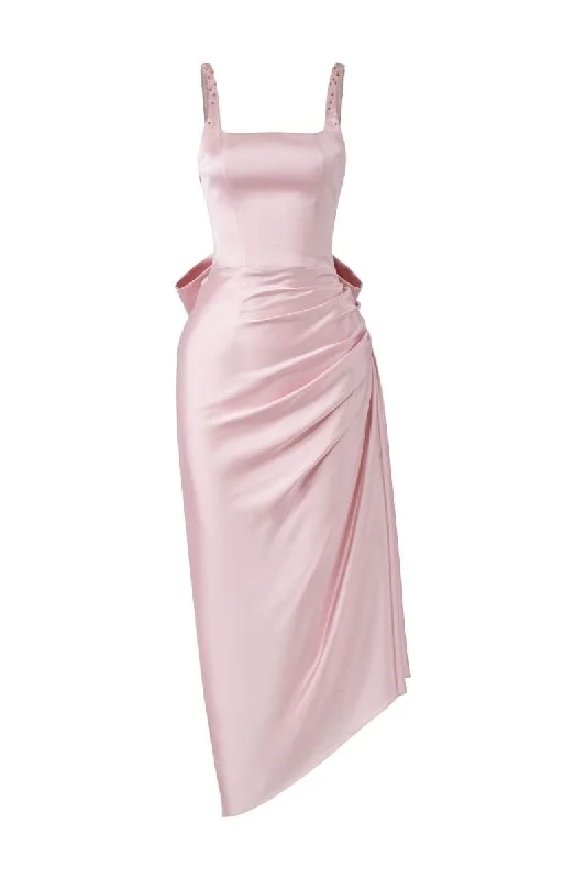 PINK ZURI SILK SATIN ASYMMETRIC EVENING DRESS