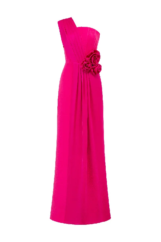 PLEATED ONE-SHOULDER COLUMN GOWN WITH ROSE DRAPED DETAILS