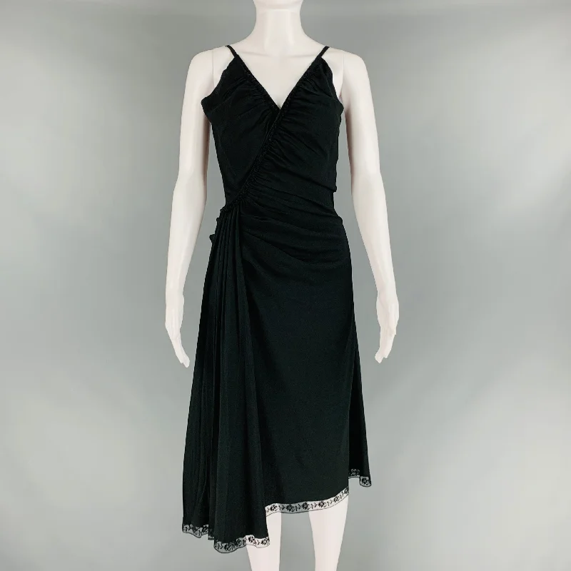 PRADA Size 2 Black Acetate Viscose Ruched Spaghetti Straps Dress