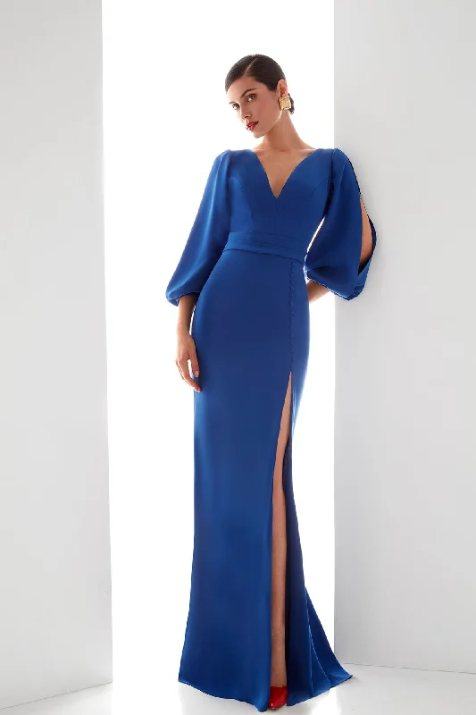 Puff sleeves high slit crepe dress