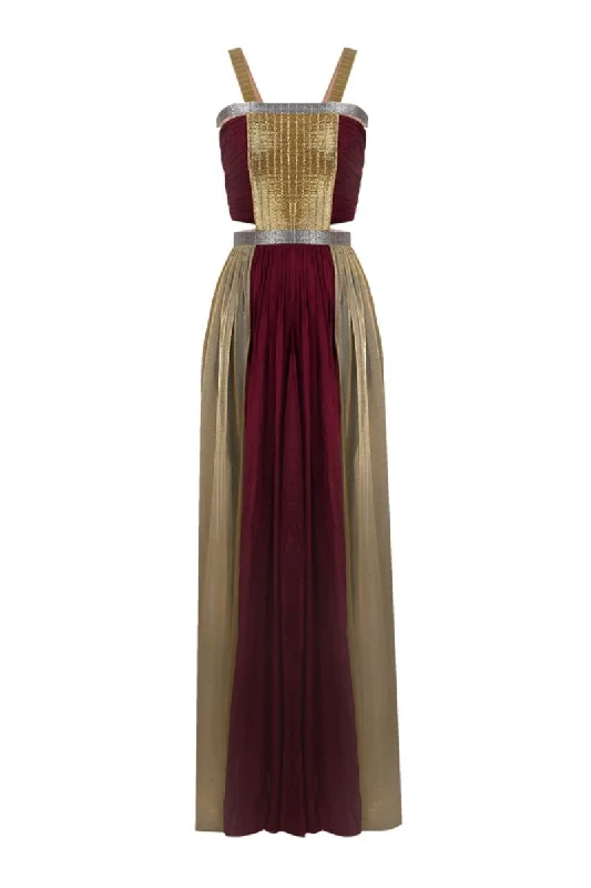 RED AND GOLD GATHERED CHIFFON SLIT GOWN