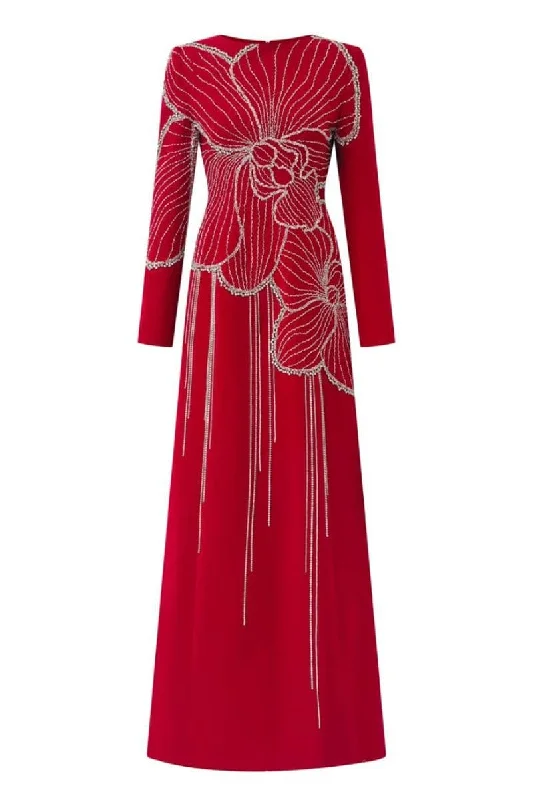 RED ORCHID CRYSTAL EMBELLISHED GOWN