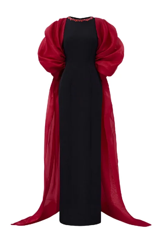 ROUND NECKLINE SCUBA GOWN WITH DRAPED SLEEVES ORGANZA