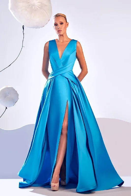 Sleeveless high slit satin dress