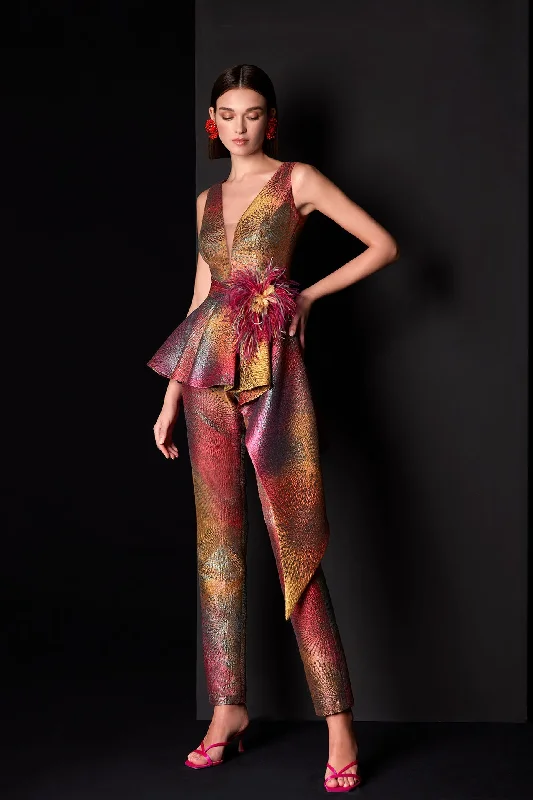 Sleeveless multicolored brocade jumpsuit