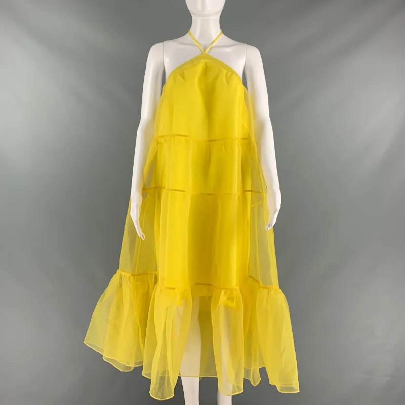 STAUD Size L Yellow Polyester Sheer Halter Dress