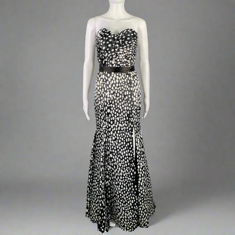 TERANI Size 6 Black White Viscose Blend Polka Dot Strapless Mermaid Gown