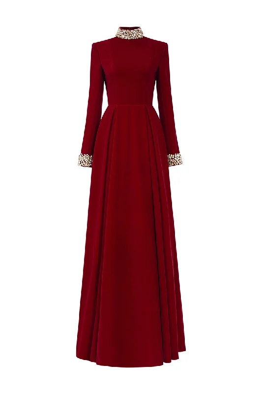 TURTLENECK COLLAR PLEATED WAIST VELVET GOWN