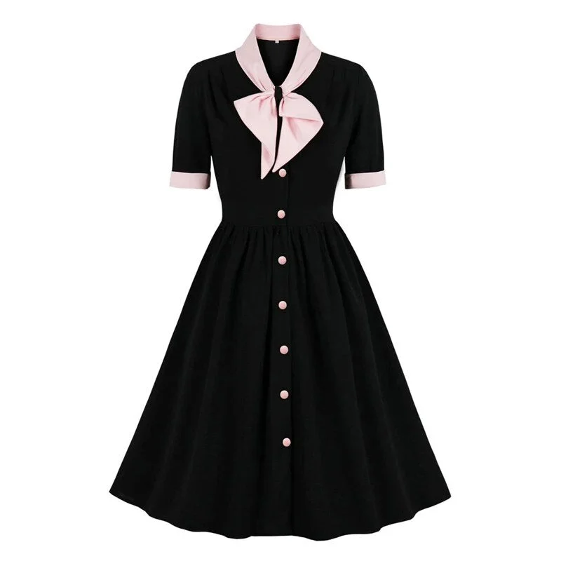 Vintage Bow Neck 50s Robes High Waist Pleated Swing Dress