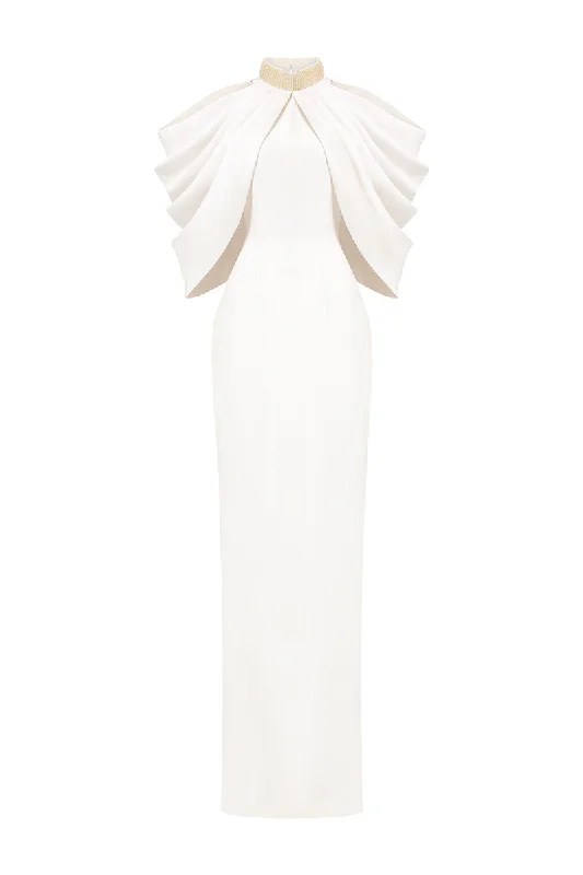 WHITE BOTTLE NECKLINE DRAPED SHOULDER GOWN