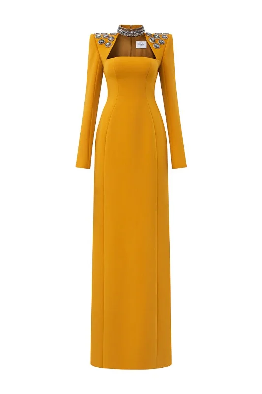 YELLOW CHOKER SHOULDER STONE EMBELLISHED GOWN