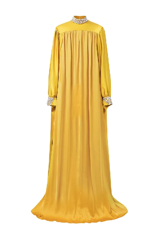 YELLOW HIGH-NECK BOUFFANT SLEEVES GOWN