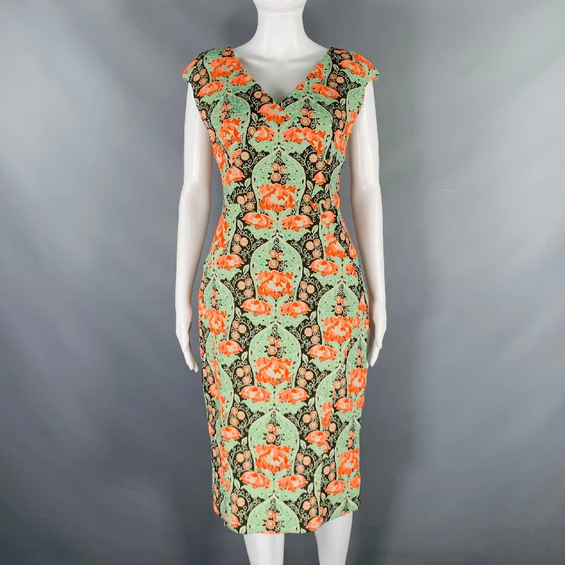 ZAC POSEN Size 8 Green Multi Color Cotton Blend Tapestry Sleeveless Dress