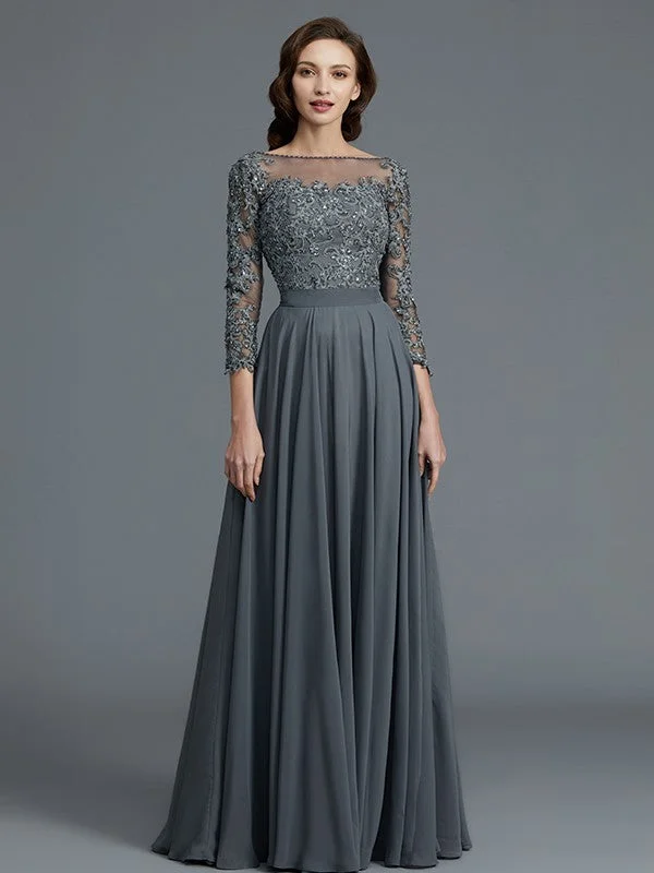 A-Line/Princess 3/4 Sleeves Bateau Floor-Length Chiffon Mother of the Bride Dresses