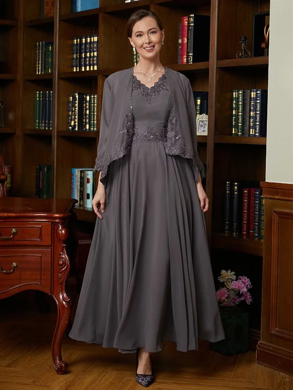 A-Line/Princess Chiffon Applique V-neck Sleeveless Ankle-Length Mother of the Bride Dresses