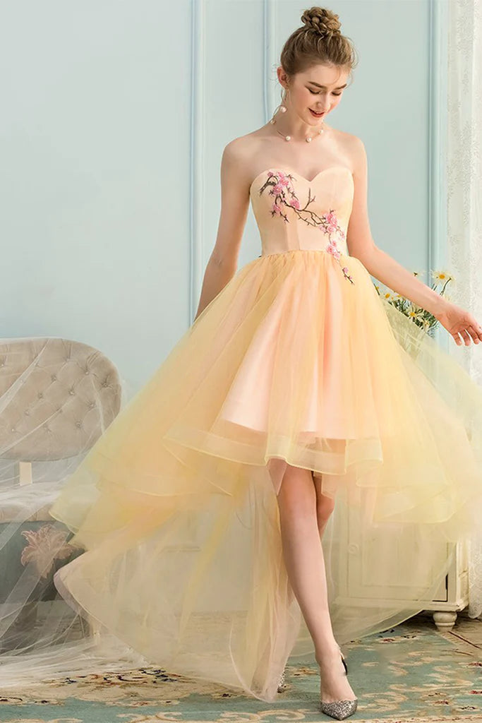 A-Line Sweetheart High Low Yellow Stretch Satin Homecoming Dress with Appliques