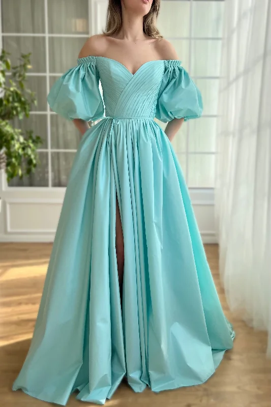 Blue A-line Satin Prom Dresses With Off the Shoulder Sleeves, Side Slit Prom Dresses, Elegant Newest Prom Dresses