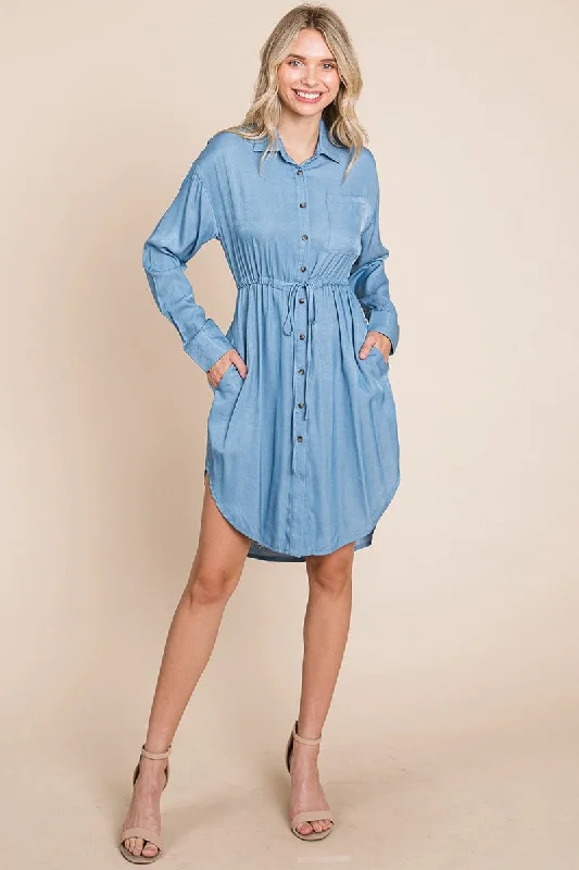 Button Down drawstring Tie waist Chambray Dress