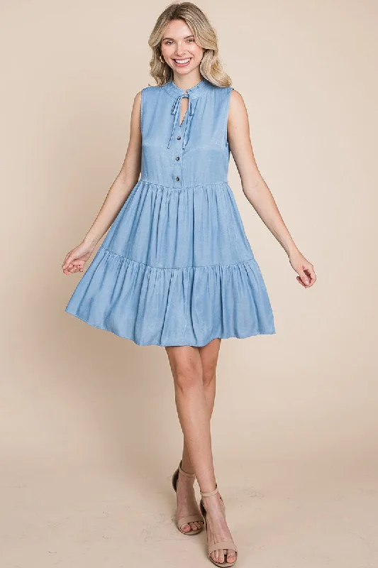 Chambray Tiered Sleeveless Ruffled Babydoll Dress