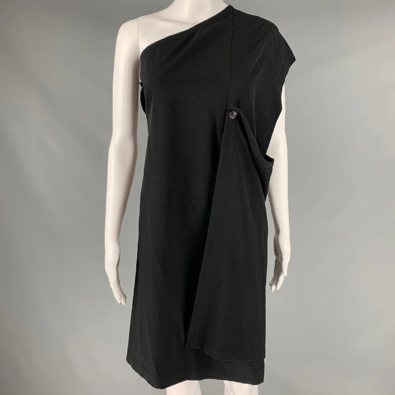 COMME des GARCONS 1980s Size S Black Wool Knee Length One Shoulder Dress