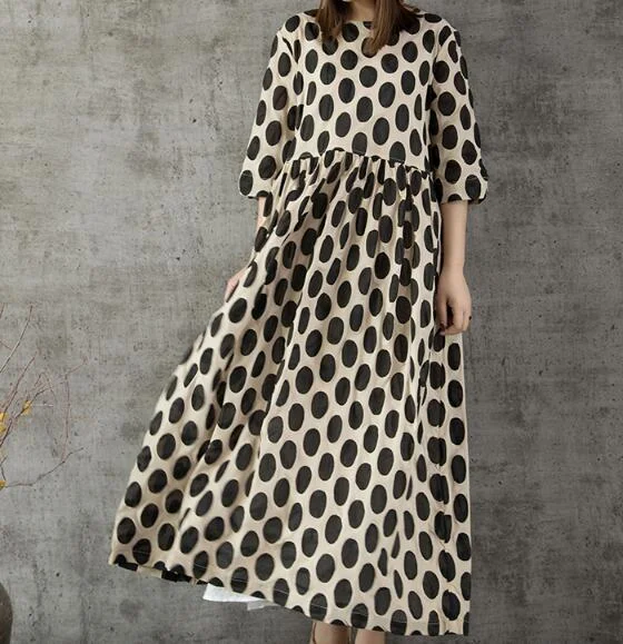 Dot Spring Linen Cotton Women Dresses 3/4 Sleeves O Neck Dresses CH9505