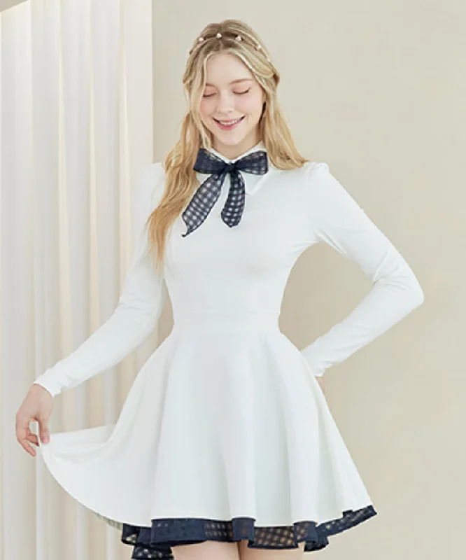 J.Jane Classic Color Contrast Ribbon Flared Dress - White