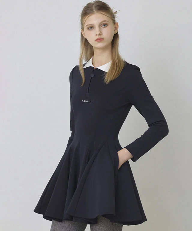 KANDINI Zip-Up Flared Dress - Navy