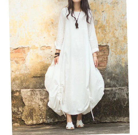 Loose Bud Style Drawstring Hem Linen Cotton Spring Women Dresses CH90410