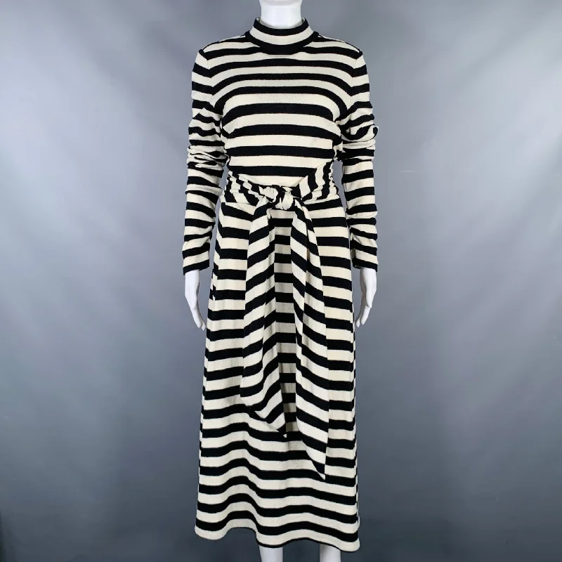 MARC JACOBS Size 6 Black White Wool Nylon Stripe Belted Dress