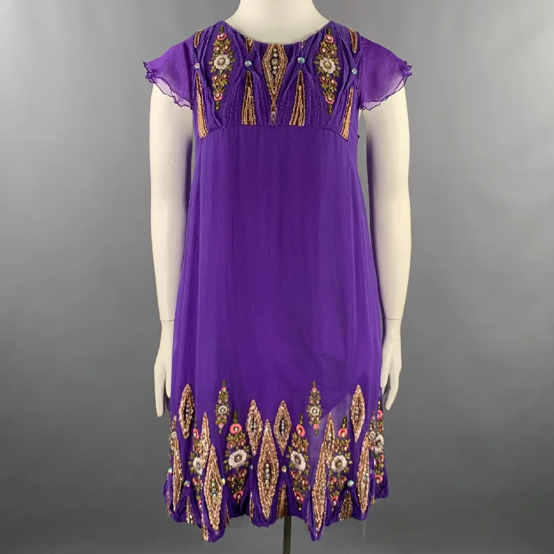 MATTHEW WILLIAMSON Size 10 Purple Gold Silk Embroidered Sleeveless Dress