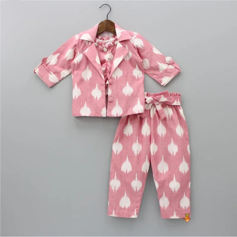 Pre Order: Ikkat Printed Cotton Baby Pink Top With Notch Collar Jacket And Knot Detail Pant