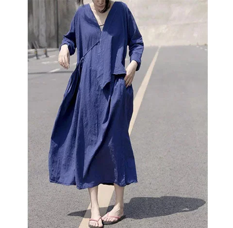 Navy blue 100%  Linen Women  Dresses 3/4 Sleeves  CH90423