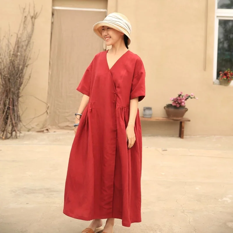 Red Loose Style Linen Women  Dresses CH90423