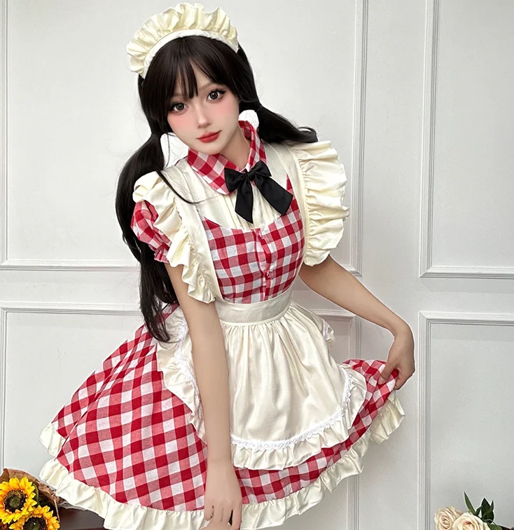 Red plaid cos maid dress AP236